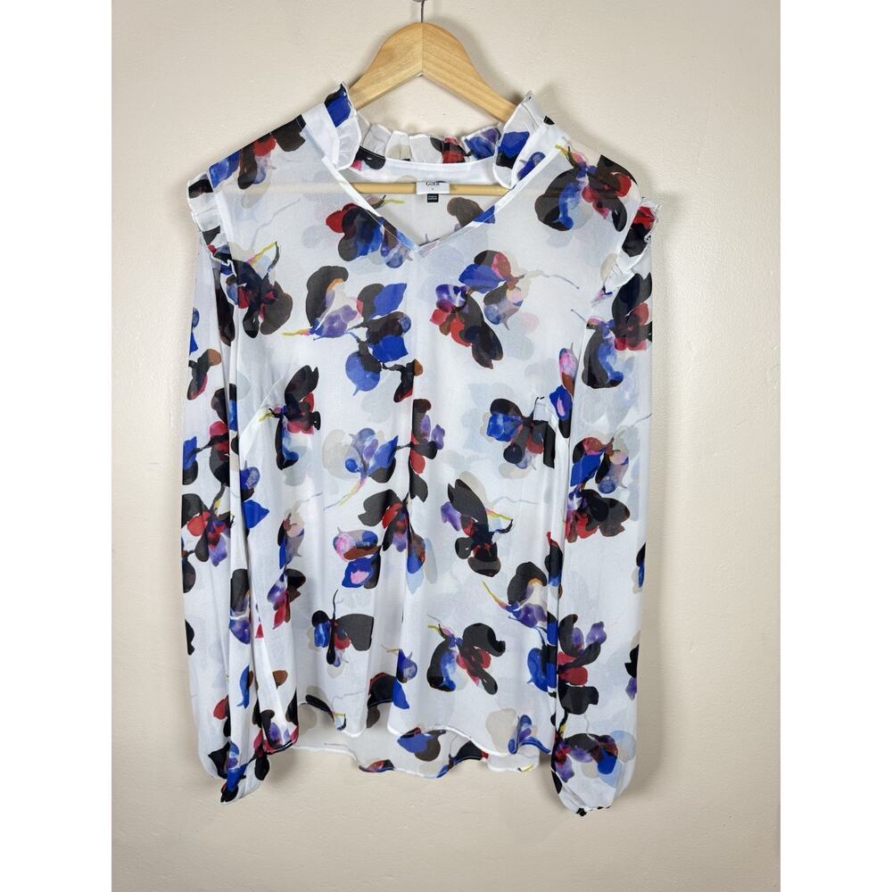 Cabi Womens Orchid Blouse Floral Career Office L Ruffle Chiffon #4426 - Picture 2 of 9